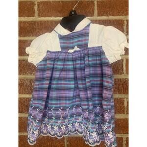 Vintage Roanna Girls Dress Purple Blue Plaid Eyelet Embroidery 18 Months